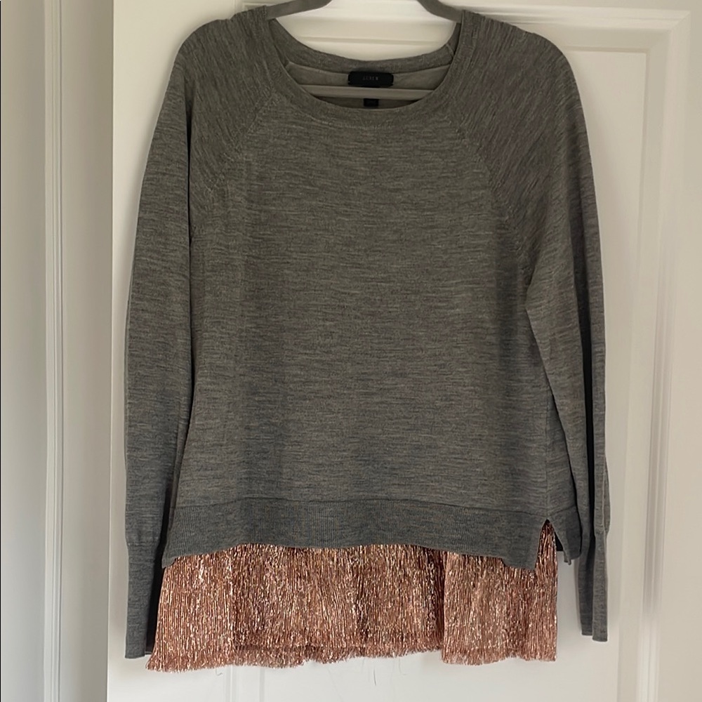 J. Crew Gray and Tan Crew Neck Sweater with Fringe Detail